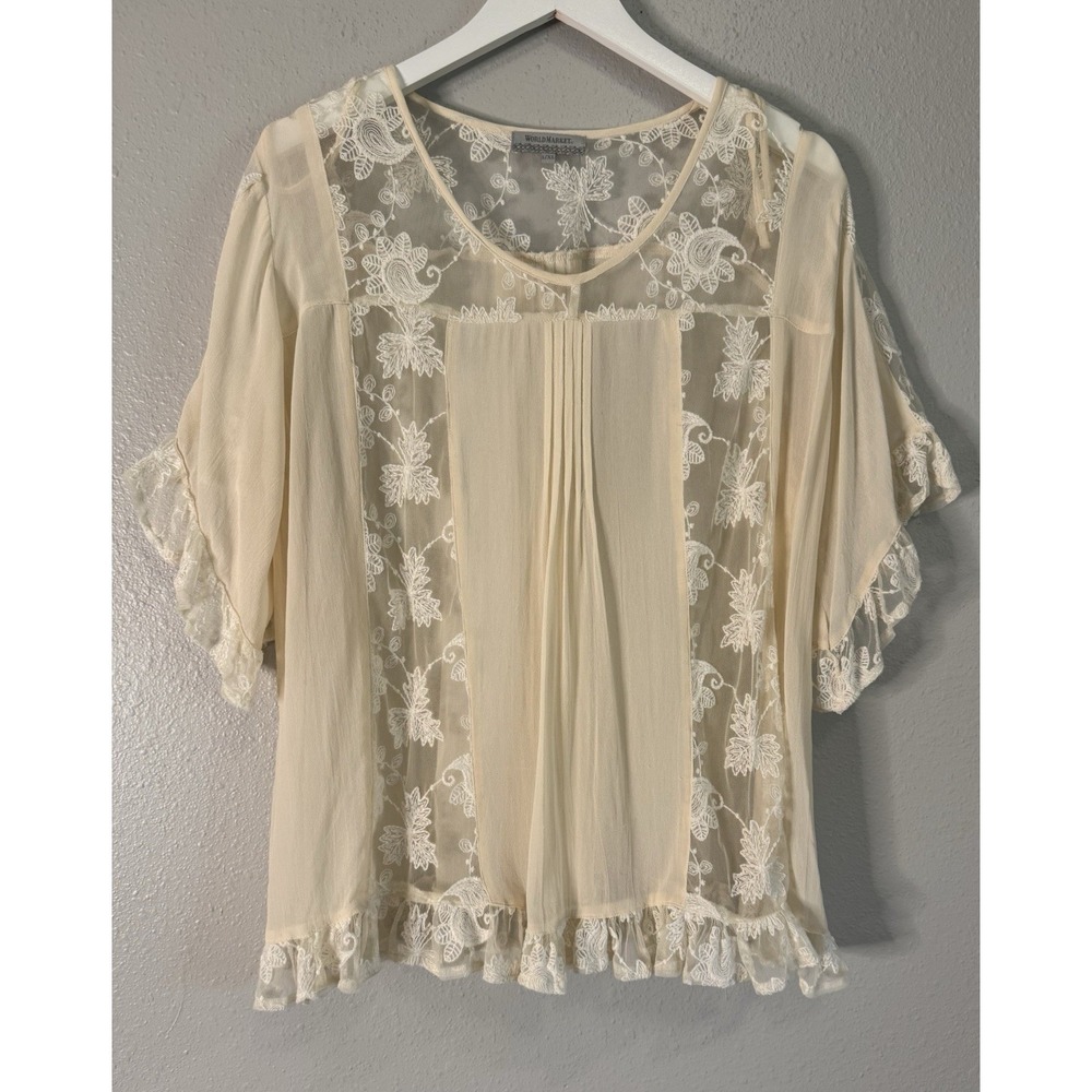 World Market Peachy Pink &Ivory Lace Embroidered Boho Romantic Sheer Blouse L XL